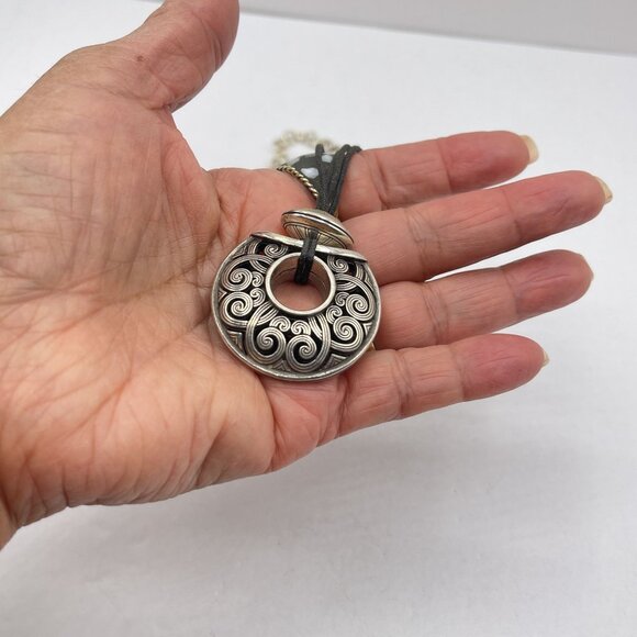 Brighton Silver-Tone Medallion Necklace With Black Cord - Picture 3 of 6